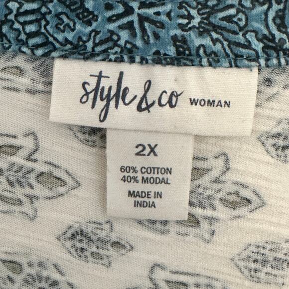 Style & Co Henley Top Womens Size 2X Teal Woodcut Mixed Print Boho Knit Tee - Picture 5 of 8